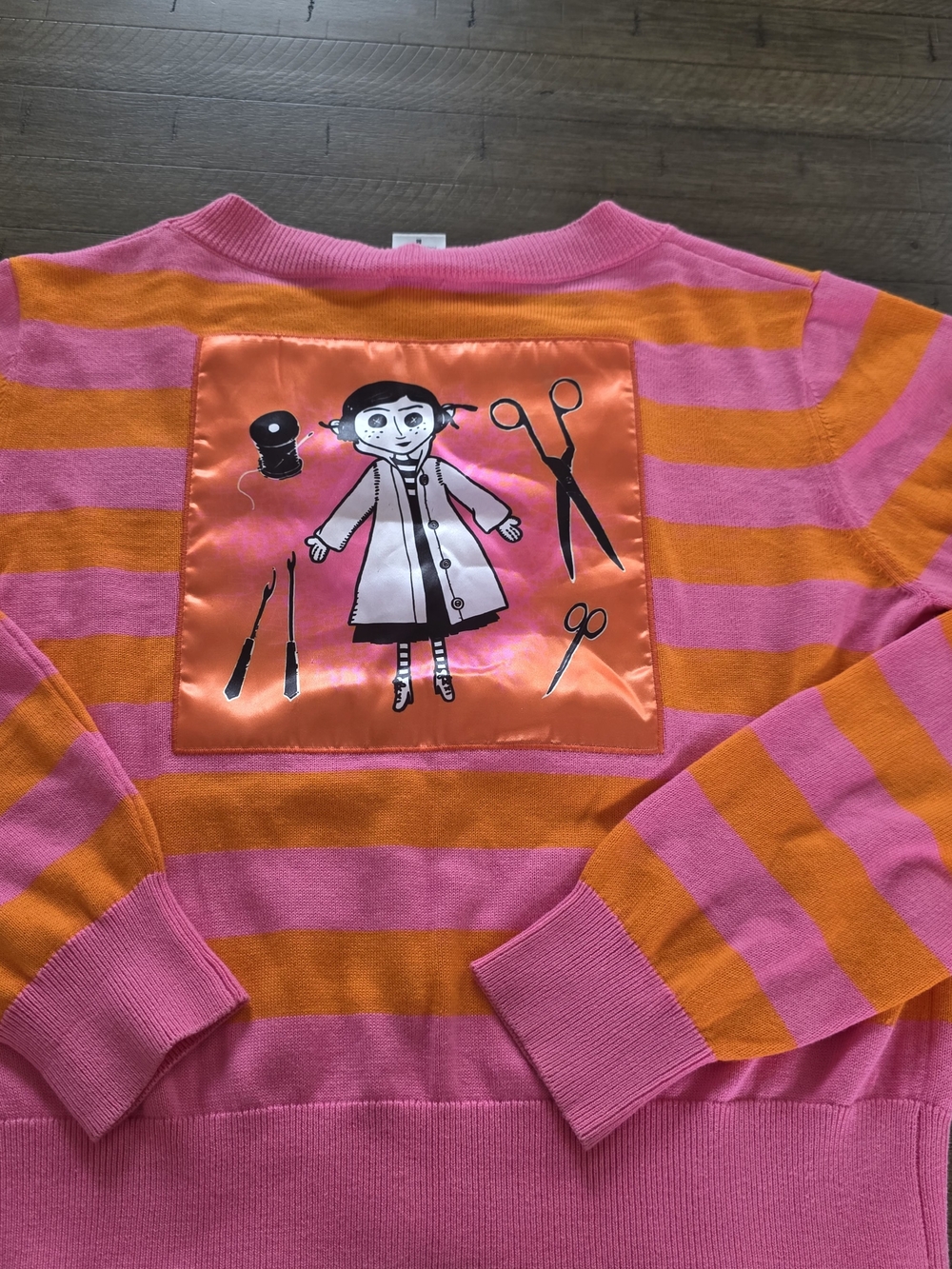 Women's Striped Knit Sweater with Doll Patch - Pink & Orange - Picture 7 of 10